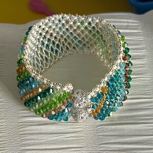 Green and Blue Beaded Cuff Bracelet with Crystal Accents
